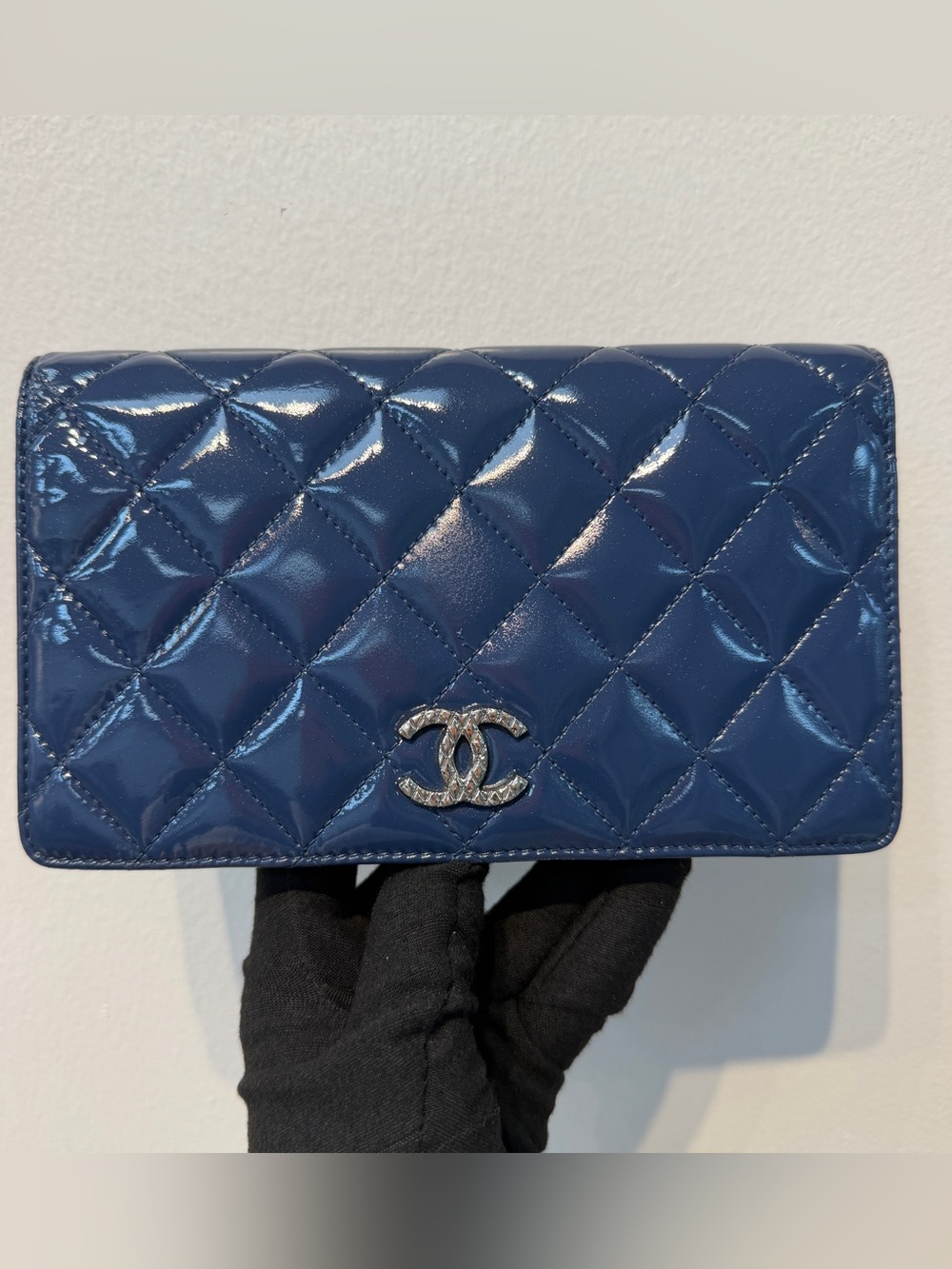 Chanel Blue Quilted Patent Leather Long Bifold Wallet